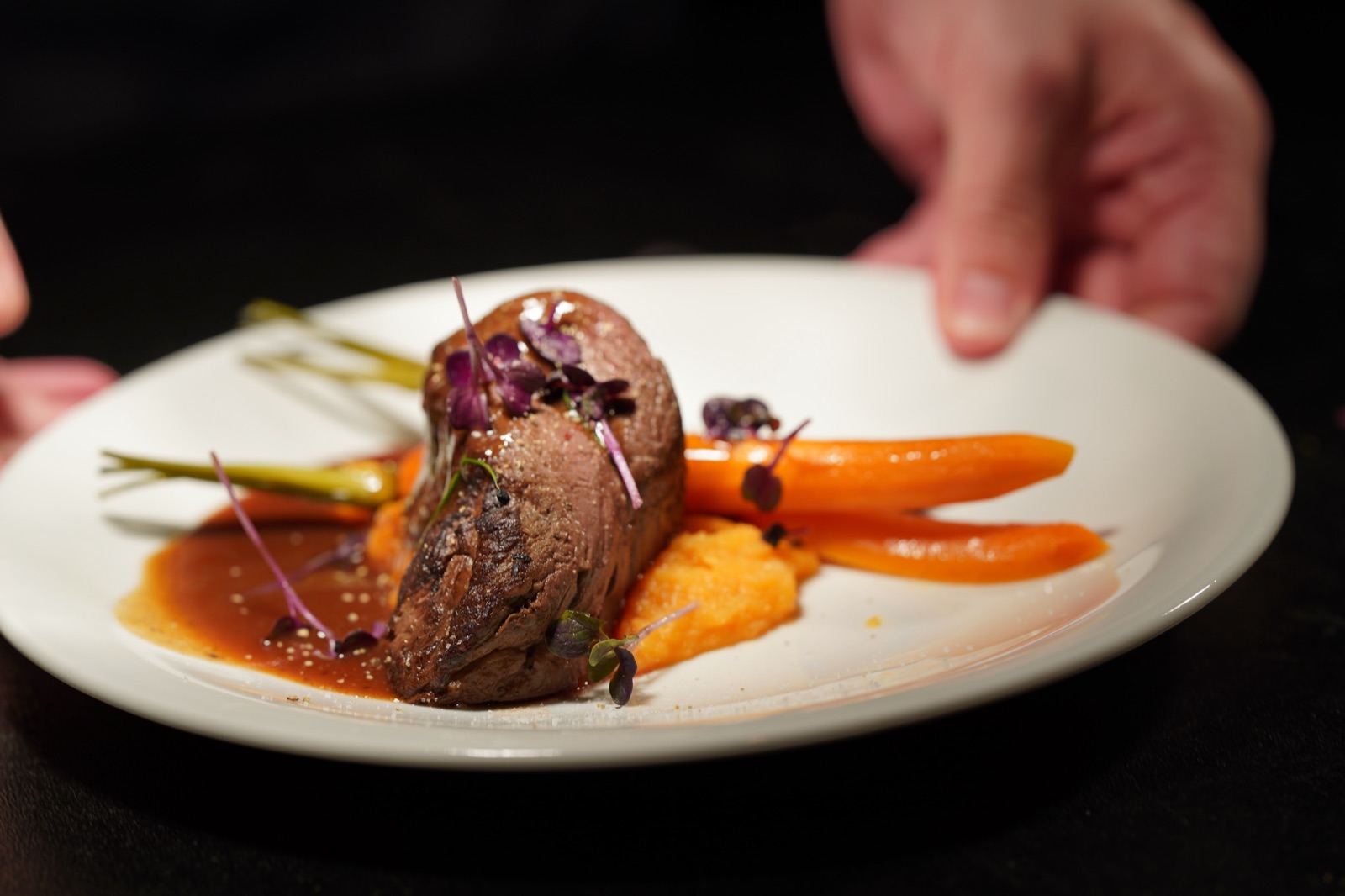 Hände reichen einen weißen Teller mit Fleisch, Möhren, Püree und Jus